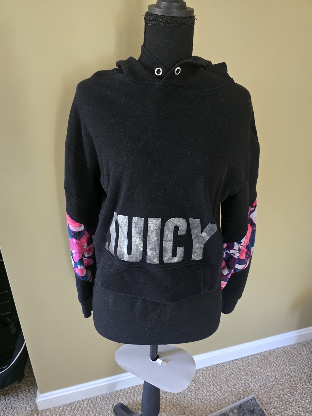 Juicy Couture Black Hoodie with Pink & Purple Floral Sleeve Panels